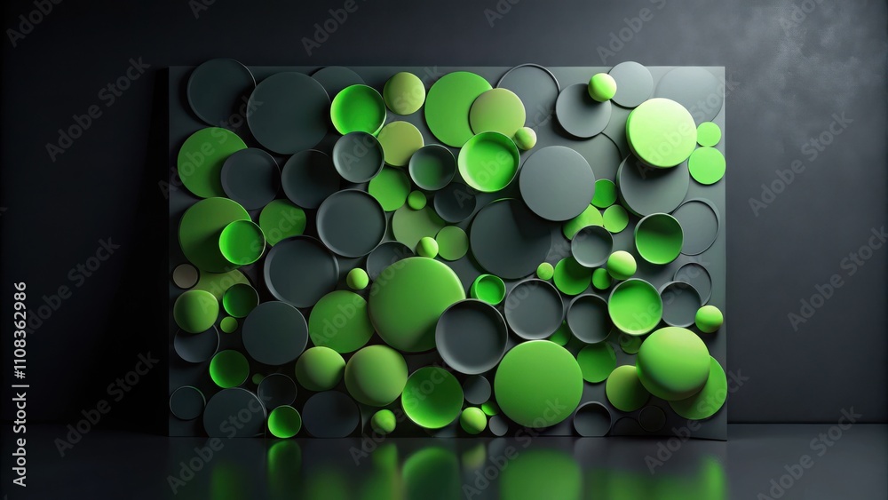 Fototapete A dynamic composition of overlapping green and gray circles, arranged in a random pattern, creates a visually stimulating and captivating abstract design.
