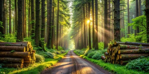 Fototapeta premium Sunlight filters through a dense forest, illuminating a dirt road that winds its way through towering trees, with a stack of logs resting on the side of the road.