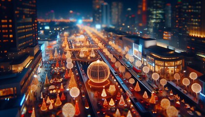 Christmas miniature with Tilt-Shift Photo effect. Christmas and New Year concept. Tilt-Shift effect of Christmas City night with many beautiful Christmas decorations and Christmas lights.