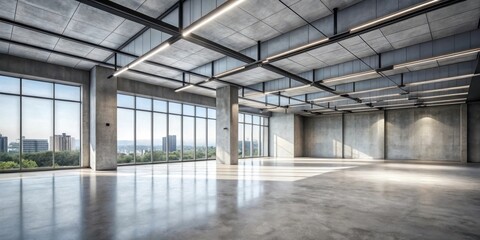 A spacious, industrial-style office space with large windows overlooking a cityscape, showcasing a concrete ceiling with exposed beams and modern lighting fixtures.