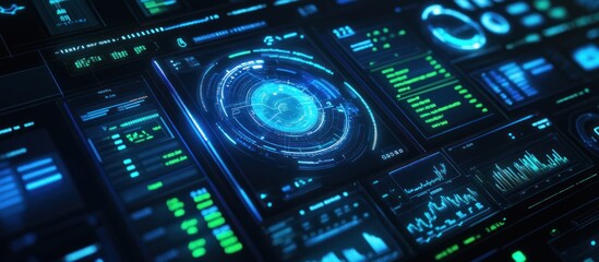 Obraz premium Futuristic digital interface with glowing blue and green data displays and charts.