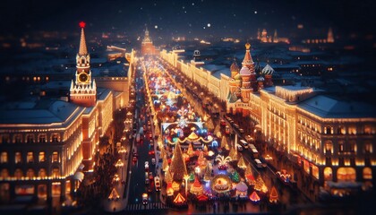 Christmas miniature with Tilt-Shift Photo effect. Christmas and New Year concept. Tilt-Shift effect of Christmas City night with many beautiful Christmas decorations and Christmas lights.