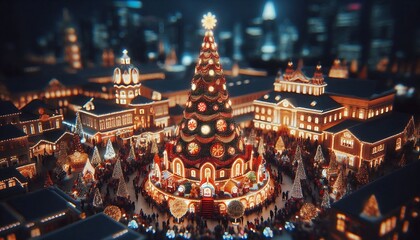 Christmas miniature with Tilt-Shift Photo effect. Christmas and New Year concept. Tilt-Shift effect of Christmas City night with many beautiful Christmas decorations and Christmas lights.