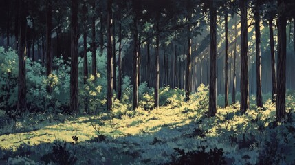 Fototapeta premium Sunbeams filtering through a dense forest, illuminating a path