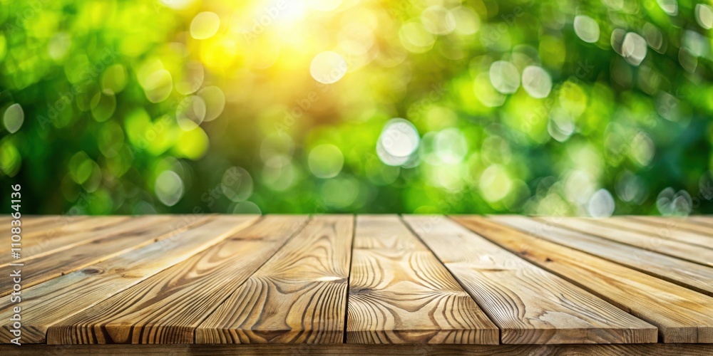 Aufkleber A rustic wooden table with a blurred backdrop of bokeh lights and lush greenery, perfect for showcasing products or creating a natural ambiance.