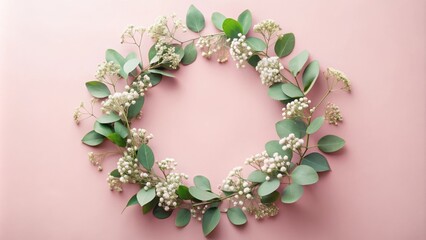 Obraz premium Delicate white blossoms and verdant leaves arranged in a circular pattern, creating a natural floral frame on a soft pink background.