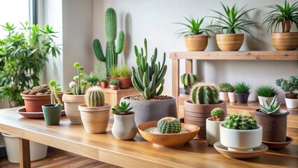 A collection of potted succulents and cacti adorn a wooden table, bringing a touch of natural beauty to the interior space.