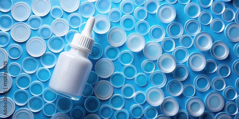 Aufkleber a white dropper bottle sits on a bed of bright blue round objects, creating a vibrant and textured v