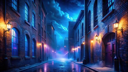 Fototapeta premium A misty and dimly lit alleyway, lined with brick buildings and street lamps, creates an eerie and atmospheric scene.
