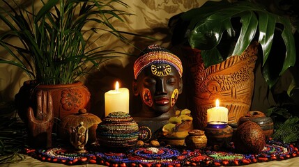 Obraz premium A serene display featuring an artistic bust surrounded by candles, decorative pots, beads, and lush greenery, creating a tranquil and cultural atmosphere.