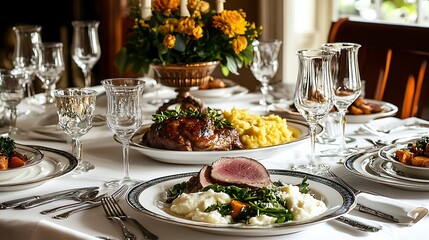 A home-cooked dinner set on a beautifully arranged table, with a variety of dishes like roast lamb, mashed sweet potatoes, and a fresh green salad