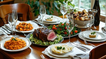 A home-cooked dinner set on a beautifully arranged table, with a variety of dishes like roast lamb, mashed sweet potatoes, and a fresh green salad