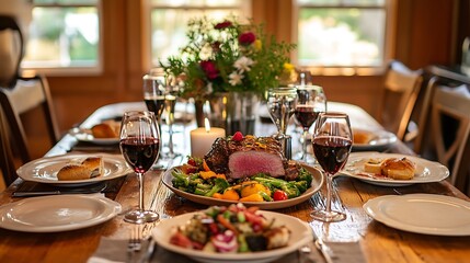 Fototapeta premium A rustic family dinner table adorned with a home-cooked meal, including roast beef, vegetables, and a homemade dessert in the center