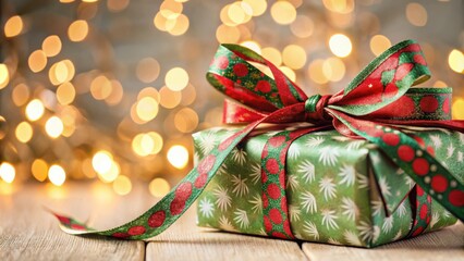 Obraz premium A Festive Green and Red Gift Box Adorned with a Glittering Bow, Against a Backdrop of Warm Golden Lights, Evoking the Spirit of Celebration and Joy