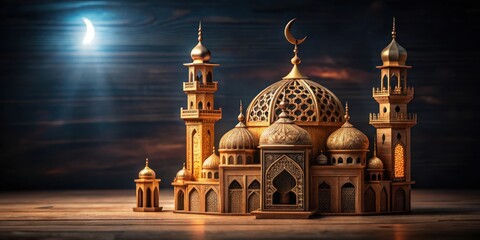 A miniature mosque illuminated by moonlight, resting on a wooden surface, adorned with intricate details and golden accents.