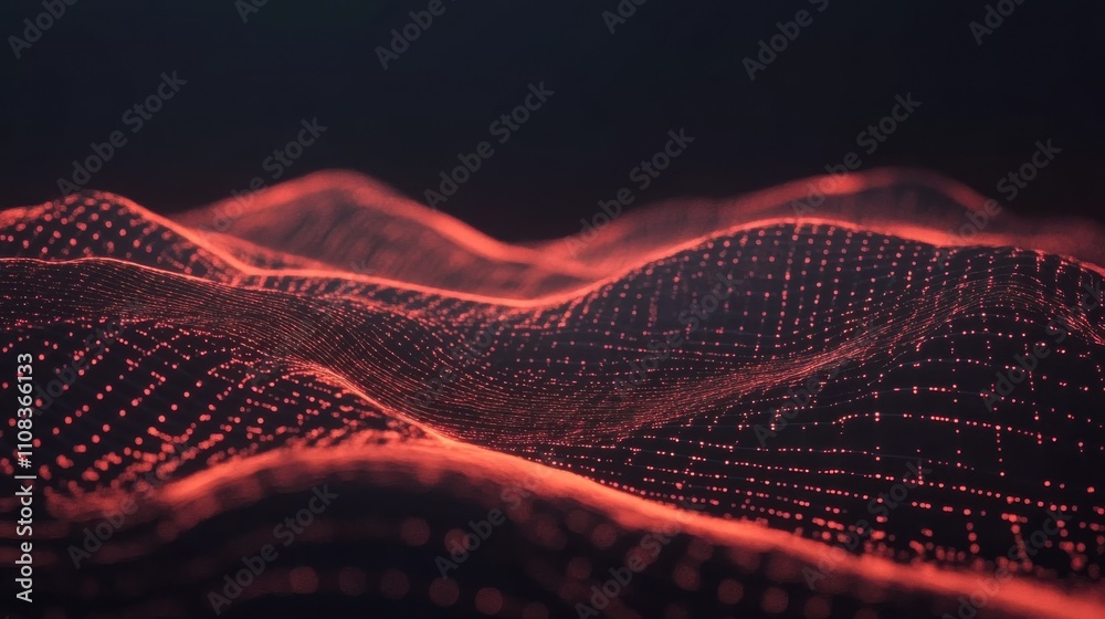 Poster Abstract Red Wave Form with Dots Floating in a Dark Background