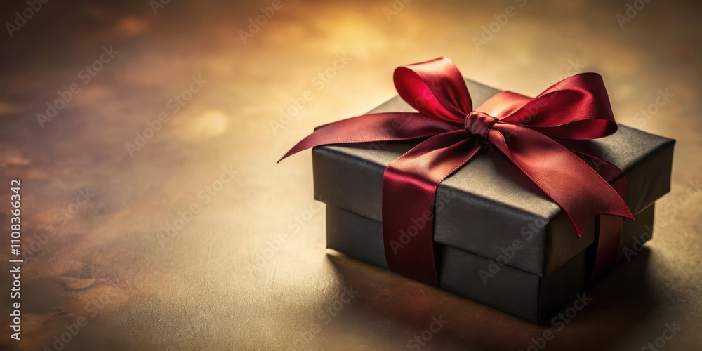Poster A single black gift box with a large red bow sits on a warm brown background, illuminated by soft light.
