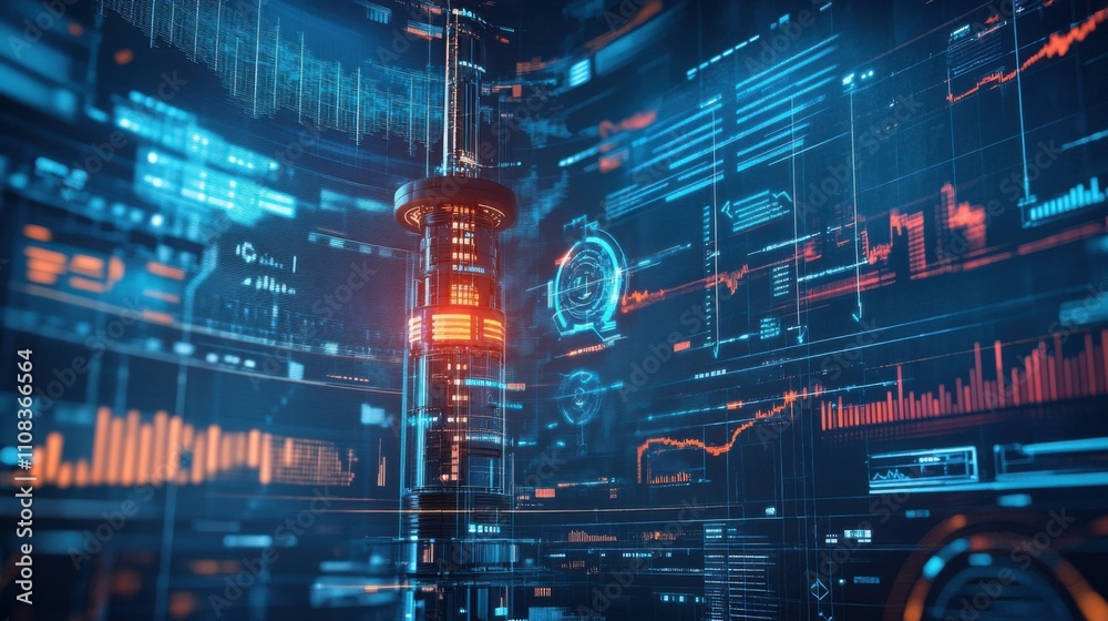 Poster futuristic data visualization tower with digital analytics interface