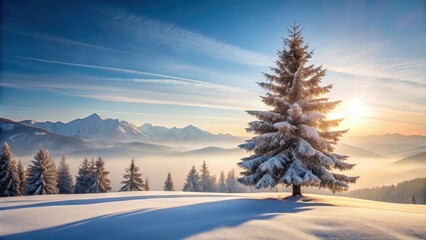 A majestic snow-laden pine tree stands tall on a snow-covered mountain peak, bathed in the golden light of a winter sunrise, with distant peaks shrouded in mist