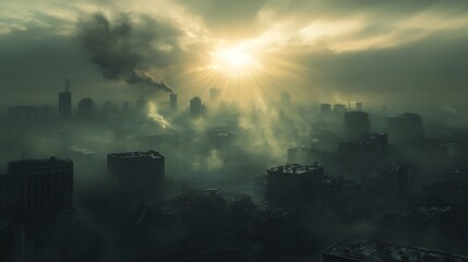 Obraz premium A heavily polluted cityscape, the skyline obscured by dense smog, with dim sunlight struggling to pierce through the gray atmosphere, creating an eerie, muted glow, photorealistic textures,
