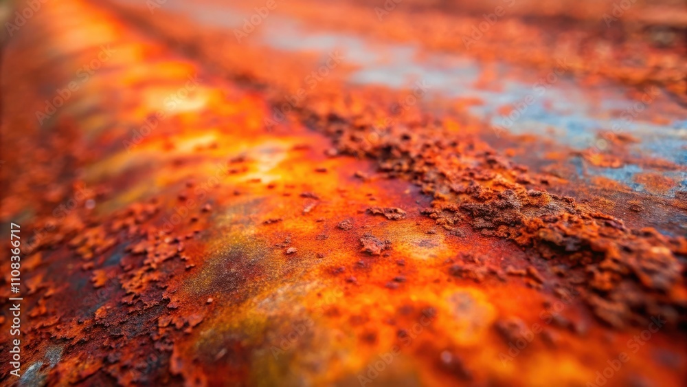 Poster a close-up view of the textured surface of rusted metal, showing a range of red, orange, and brown h