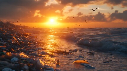 Obraz premium A heavily polluted shoreline, plastic debris and trash covering the wet sand, the ocean glistening under a faint sunrise, with seagulls circling above, photorealistic details, cinematic lighting.