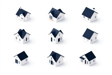 Collection of nine minimalist white house models with dark roofs