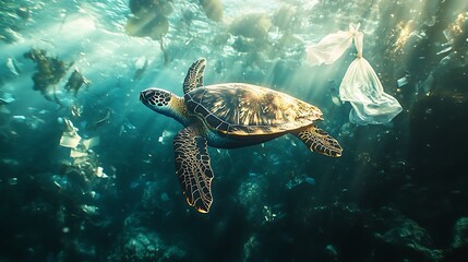 Obraz premium A lone turtle swimming through an ocean filled with floating plastic debris, its movements slowed by an entangling plastic bag, the sunlight penetrating the water creating dramatic shadows,