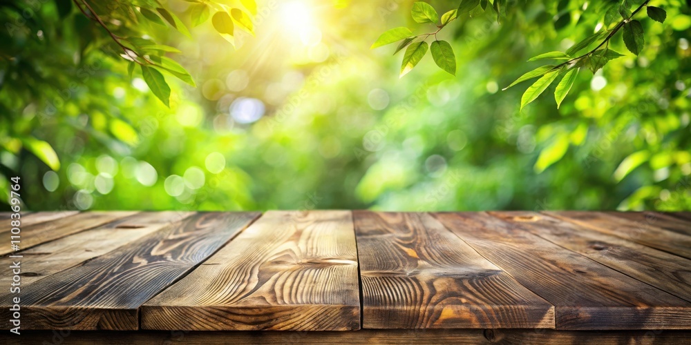 Poster a rustic wooden table top with a blurred background of vibrant green foliage and sunlight beaming th