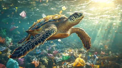 Fototapeta premium A sea turtle navigating through a polluted marine environment, with colorful plastic waste and bags drifting in the current, the sunlight creating a contrast between beauty and destruction,
