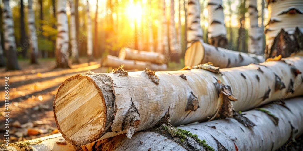 Poster Sunlight filtering through the branches of a birch forest, illuminating a stack of freshly cut logs, showcasing the beauty of nature and the cycle of life