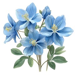 Naklejka premium A watercolor painting of a bouquet of delicate light blue flowers with green leaves, isolated on a white background.