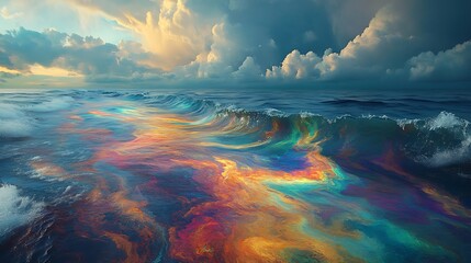 Fototapeta premium A shoreline stained with an oil spill, the water's surface shimmering with iridescent rainbow hues, oil slicks blending into the waves under a dramatic cloudy sky, photorealistic rendering,
