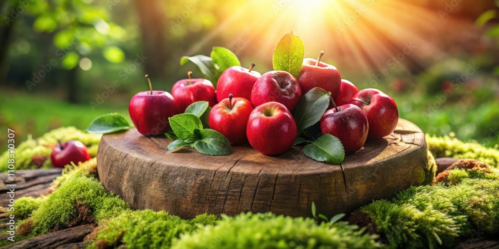 Poster a cluster of ripe red apples rests upon a weathered wooden stump, surrounded by verdant moss and bat