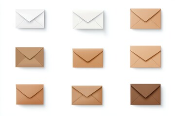 Collection of nine envelopes in various earth-tone shades arranged on white background