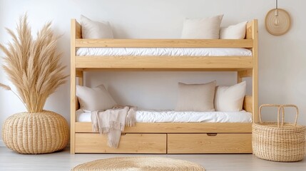 Cozy Minimalist Bunk Bed Design with Beige Pillows and Natural Decor Elements