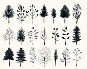collection of monochrome watercolor tree illustrations