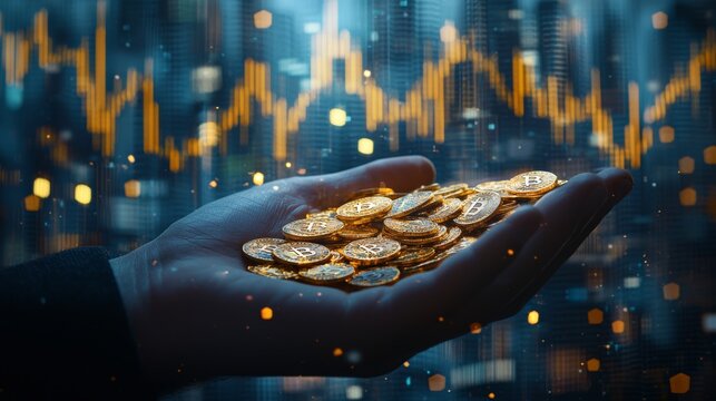 Businessmans Hand Holding Golden Bitcoins, Double Exposure Stock Market Chart Background