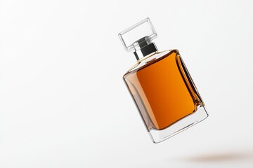 Elegant transparent glass perfume bottle containing amber-colored liquid on white background