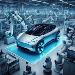 Obraz premium Modern electric car in a high-tech manufacturing facility showcasing advanced technology and robotics in automotive production