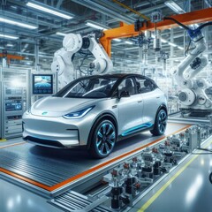 Obraz premium Modern electric car in a high-tech manufacturing facility showcasing advanced technology and robotics in automotive production