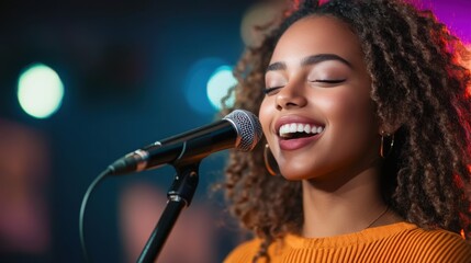 Young woman with curly hair singing passionately into microphone in vibrant music venue during live performance