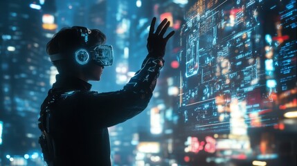 Fototapeta premium Futuristic VR User in Cyber City with Digital Interface Interaction