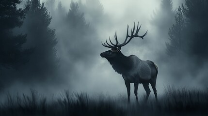 Naklejka premium Majestic Elk in a Foggy Forest Landscape