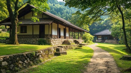 Fototapeta premium Traditional rural house in Asia with high-pitched roof, wooden and stone walls, lush green trees, and a dirt path creating a serene atmosphere.
