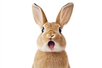 Surprised brown rabbit with open mouth on white background