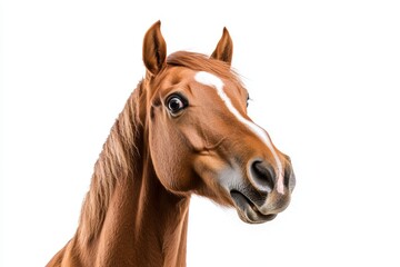 Fototapeta premium Close-up of a surprised chestnut horse on white background