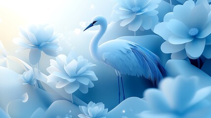 Fototapeta premium A crane standing beside a bed of lotus flowers, flowing silk ribbons in soft pastels adorning the background, warm sunlight highlighting the scene, detailed feathers and delicate floral textures,