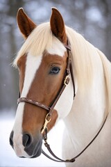 A close-up portrait of a brown and white horse, with a bridle and a snowy background.