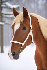 Obraz premium A brown and white horse, wearing a white bridle, stands in a snowy forest, gazing directly at the camera.